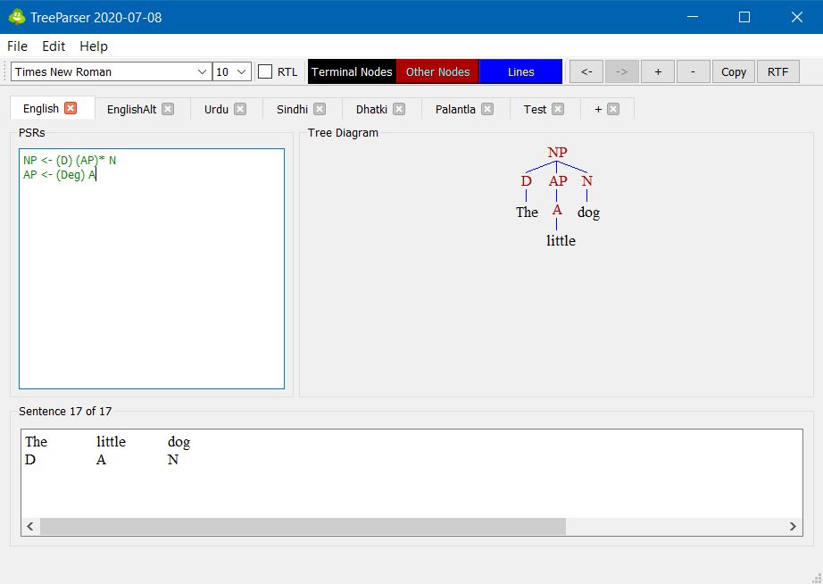 Simple corrected English noun phrase display